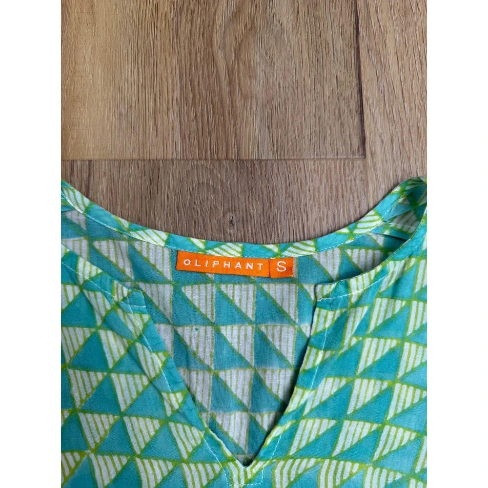 Oliphant‎ Green Geometric Cotton V-Neck Tunic Top Purple Trim small boho
